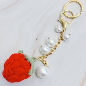 Crochet Strawberry And Pearls Keyring Bag Charm
